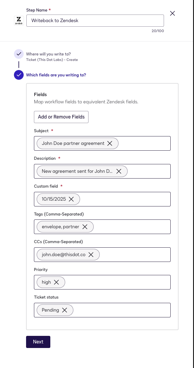 Filling up writeback values for the ticket